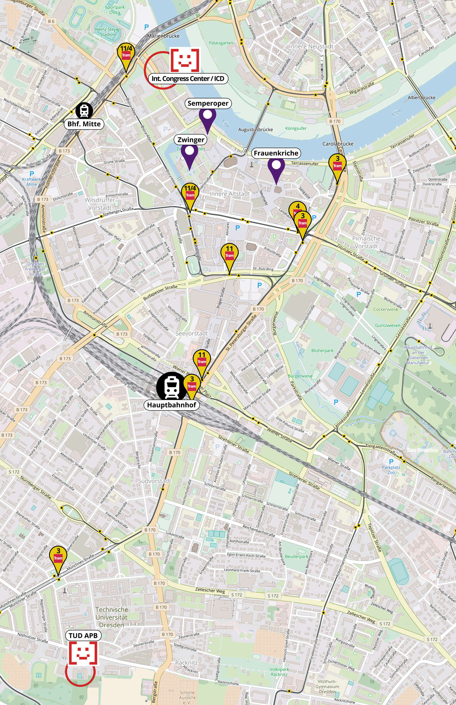 Stadtkarte der Dresdner Innenstadt mit Markierungen für das ICD im Norden an der Elbe und den APB im Süden. Wichtige Straßenbahnhaltestellen sind ebenfalls markiert.